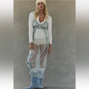 Free People So Into You Mesh Romantic Embroidered Maxi Slip Dress Xs